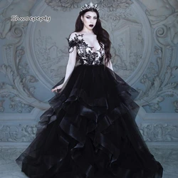 Black Gothic Wedding Dress Ruffles Tiered Skirt Puffy A-Line Bride Gown Lace Appliques Beaded Bridal Robe De Mariee Vintage 2023