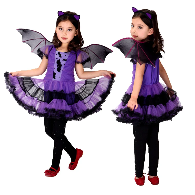 

Halloween Fancy Masquerade Party Purple Bat Girl Costume Children Cosplay Props Dance Dress Costumes For Kids Dress Girl Gift