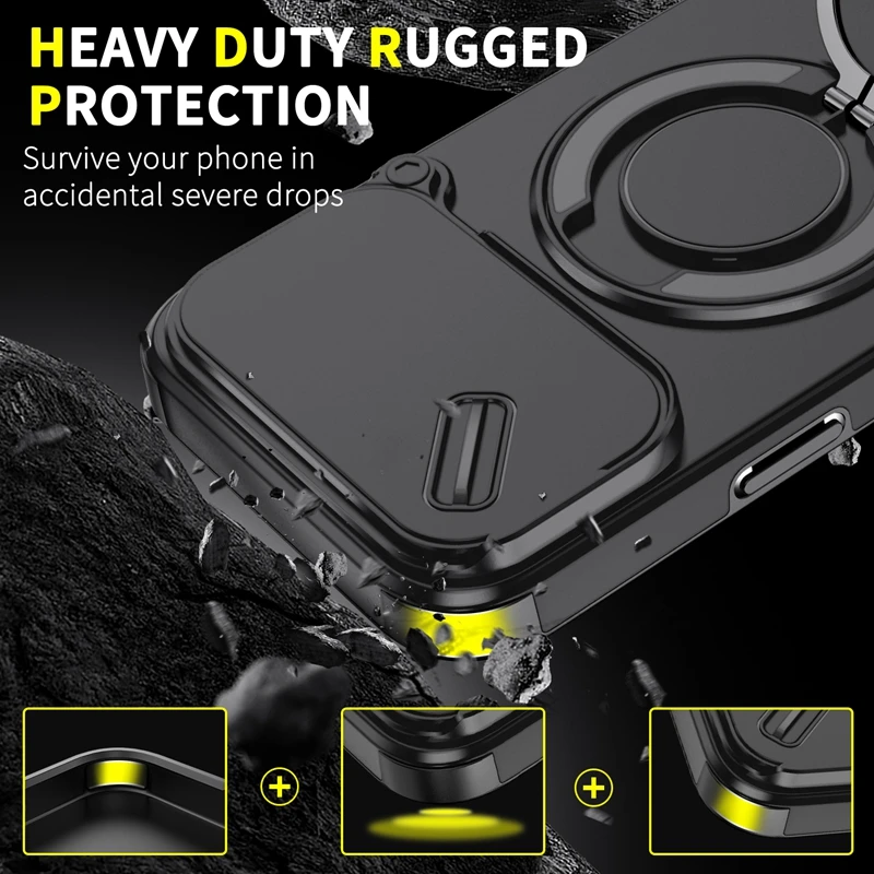 Enhanced Armor 360 Ring Stand Magnetic Shockproof Case with Lens Protection and Magsafe Compatibility