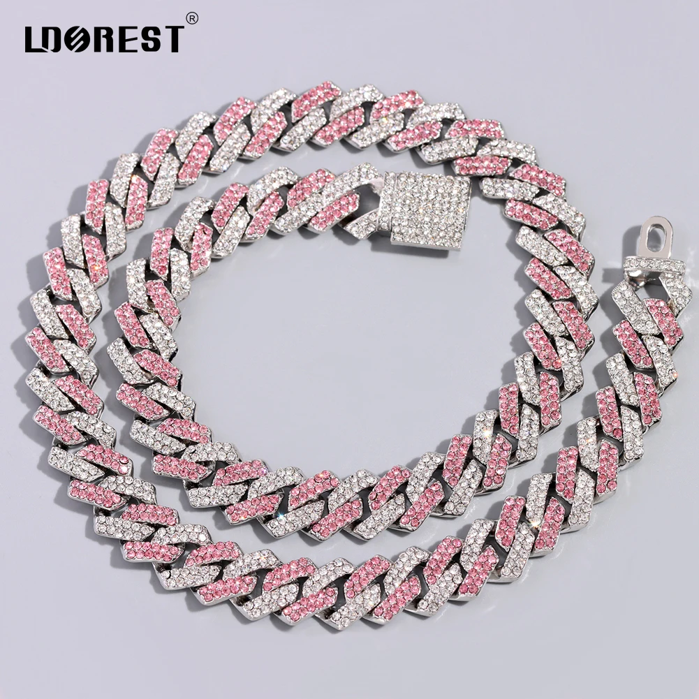 

Iced Out Pink Miami Cuban Chain Necklace & Bracelet High Quality Bling 14MM Rhombus Cuban Necklaces For Women Men Hiphop Jewelry