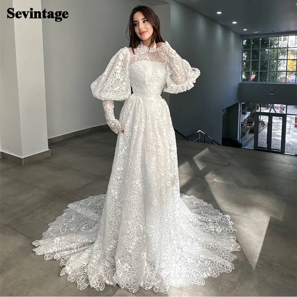 

Sevintage Boho A-Line Elegant Lace Wedding Dresses For Women O-Neck Long Puff Sleeves vestidos de fiesta elegantes para mujer