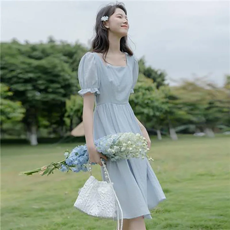 

Sweet Square Collar Spliced Folds Puff Sleeve Princess Dress Female Clothing 2024 Summer New Loose Korean Solid Color Midi Dress