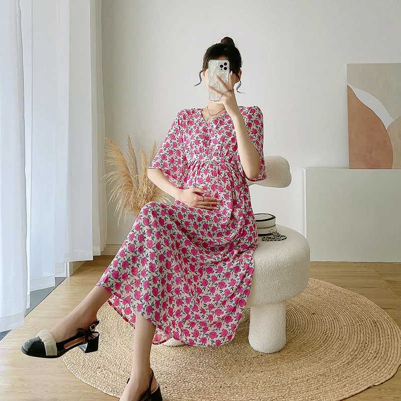 

French Style Loose Pregnant Women Summer Dress Fashion Short Sleeve Slash Neck Maternity Elegant Dress Pregnancy Empired Dresses