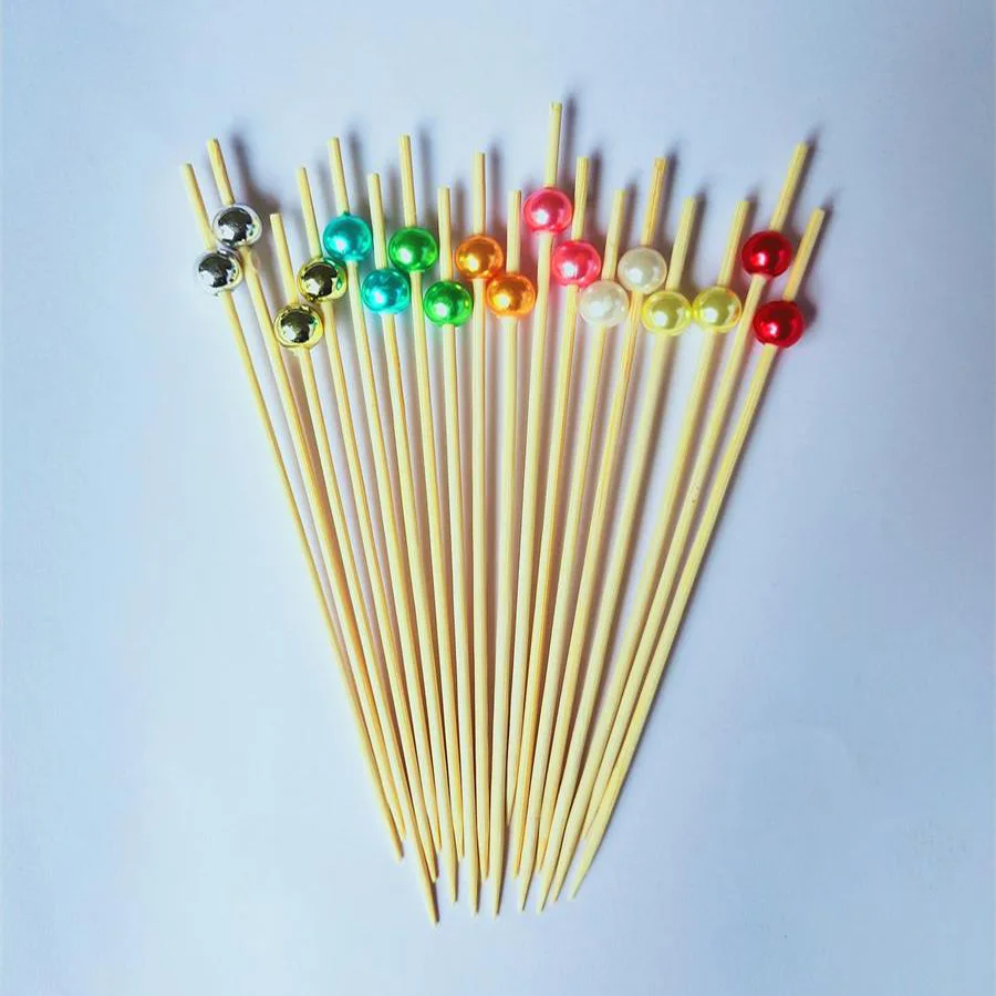 100pcs 12cm Gold Beads Bamboo Fruit Sticks Fruit Salad Snack Fork Cocktail Decor Cake Buffet Toothpicks Party Tableware Supplies