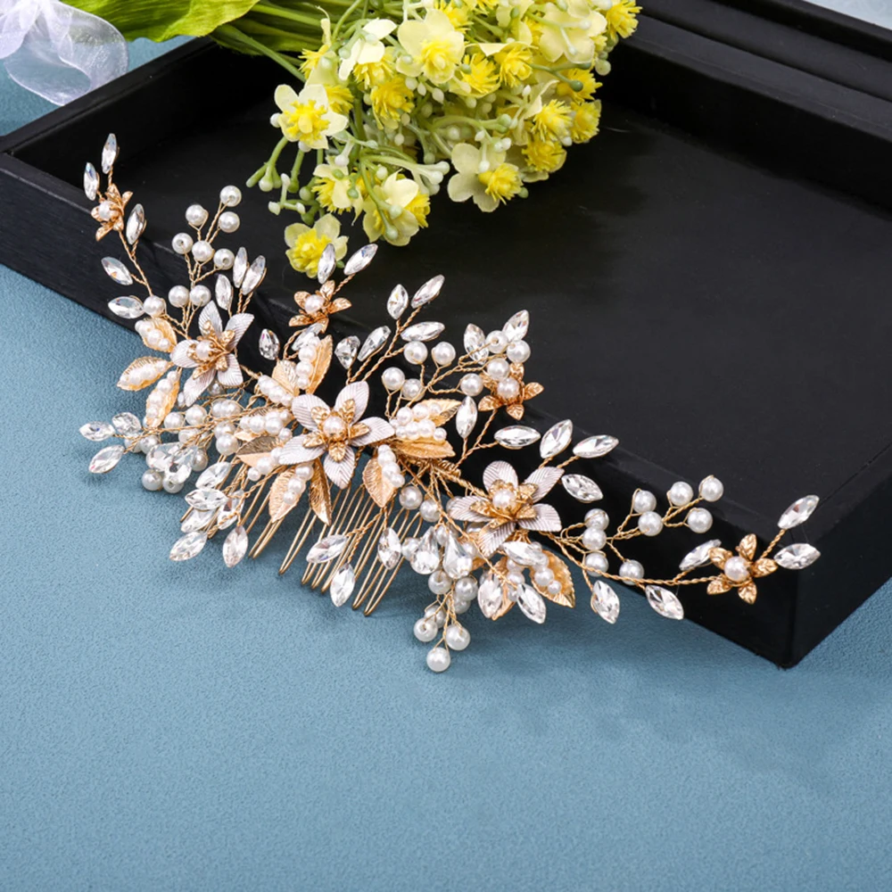 Golden Wedding Hair Combs Bride Tiaras Headdress For Women Rhinestone