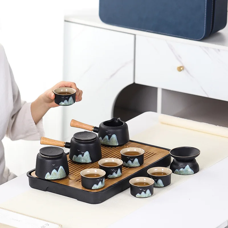 11pcs Japanese Travel Tea Set with Teapot Tea Cups And Bamboo Tray Hand-Painted Ceramic Tea Set with Gift Box And Storage Box