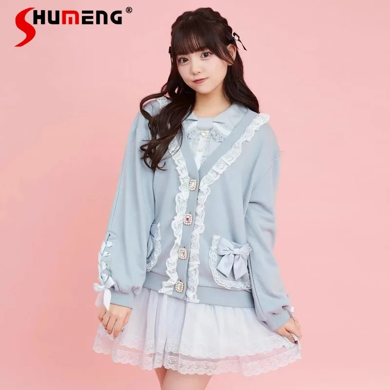 

Japanese Sweet Mid-Length Knitted Cardigan Woman Cute Lace V-neck Long Sleeve Bowknot Belt-Loop Women Knitwear Spring Jumper