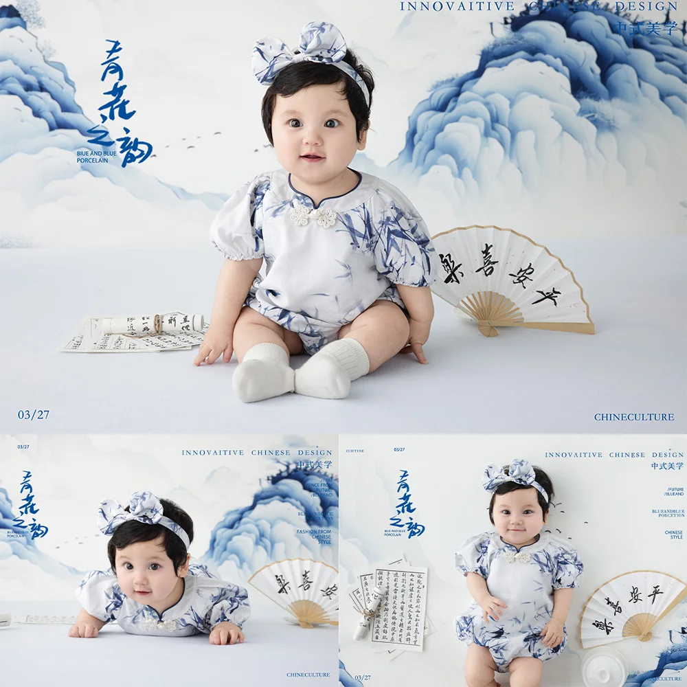 100-days-baby-girl-photoshoot-outfits-jumpsuit-headdress-studio-chinese-blue-and-white-porcelain-photography-theme-outfits-props