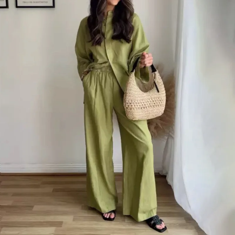 

Новинка лета 2024, женский костюм, модная Свободная Повседневная рубашка, топ и брюки с широкими штанинами, комплект из двух предметов