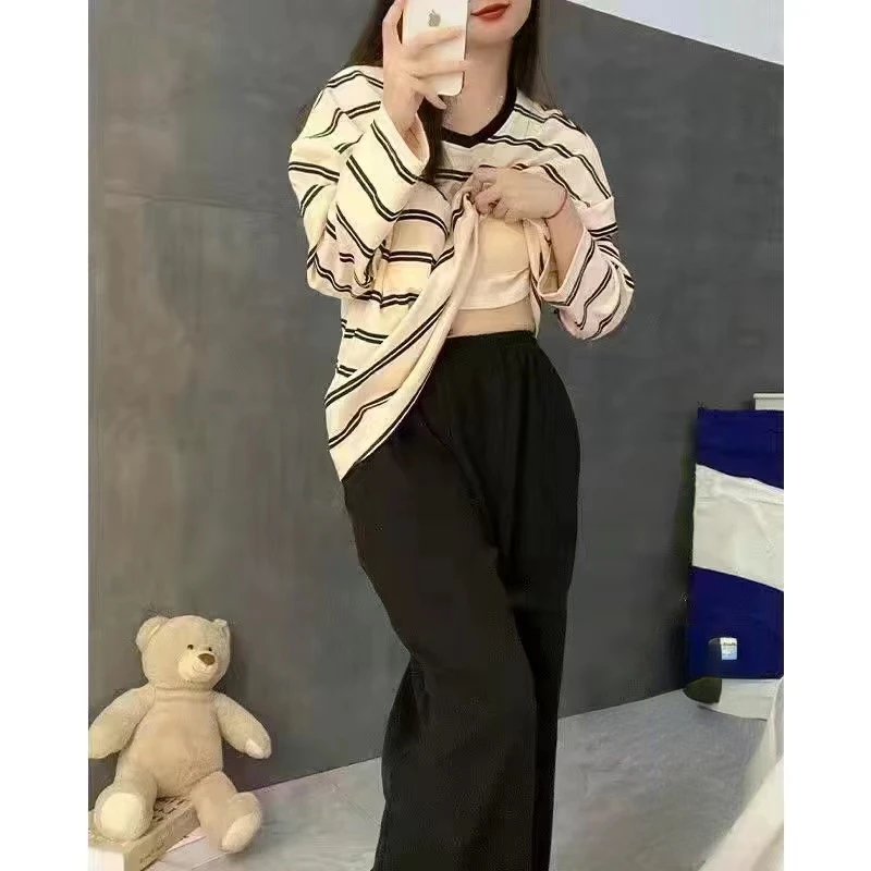 Women's Pajamas Set with Chest Pad Stripe autumn Leisure Elastic Waist Girls Sleepwear long Sleeve Soft Pijama Homewear Cloth