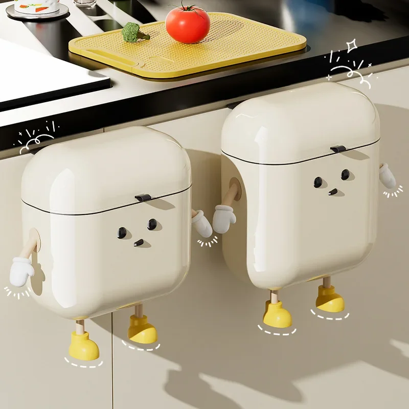 Trash Can 9L/12L Cartoon Hanging Trash Can With Lid Large Capacity No-Drill Wall Mounted Waste Bin Kitchen Bathroom Plastic Includes Hooks