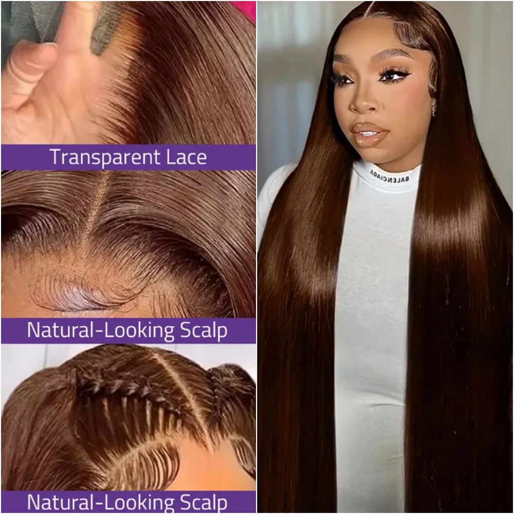 30 40 Inches Chocolate Brown Lace Front Human Hair Wig Pre Plucked Dark Brown Bone Straight 13x4 13x6 HD Lace Frontal Wigs 2