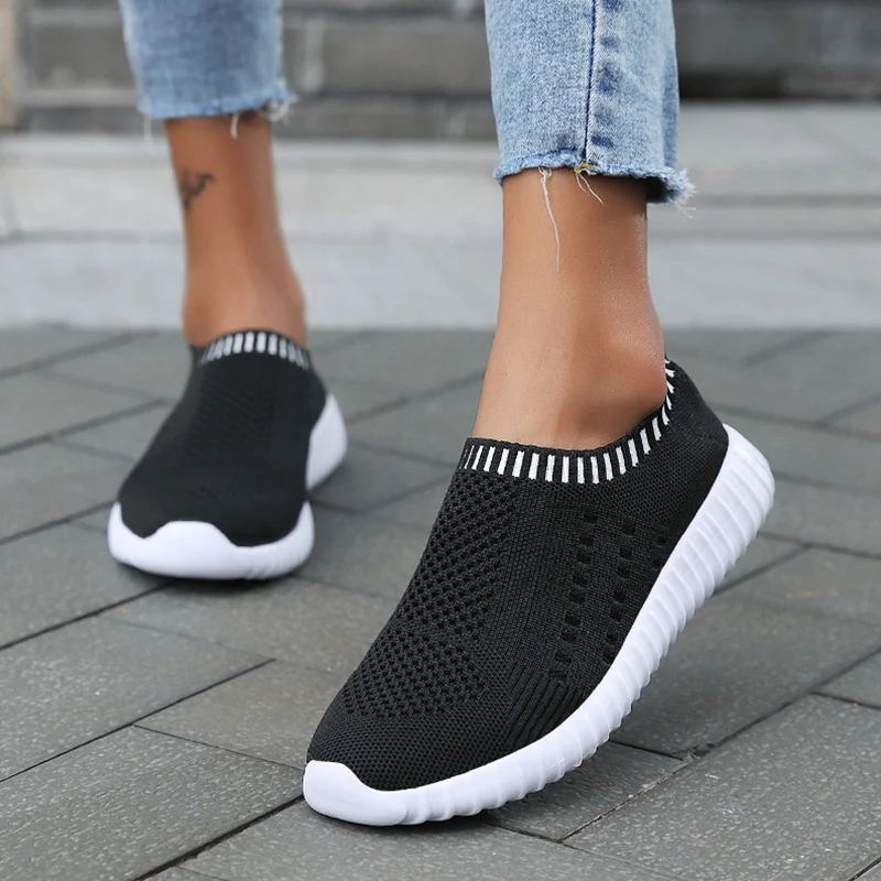 Women's Black Breathable Knit Slip-On Sneakers