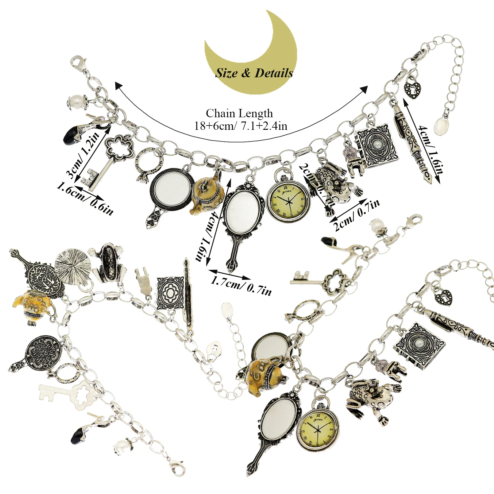 Vintage Wonderland Mirror Charms Beads Link Chain Crystal Bangle Bracelets for Women bracelet jewelry