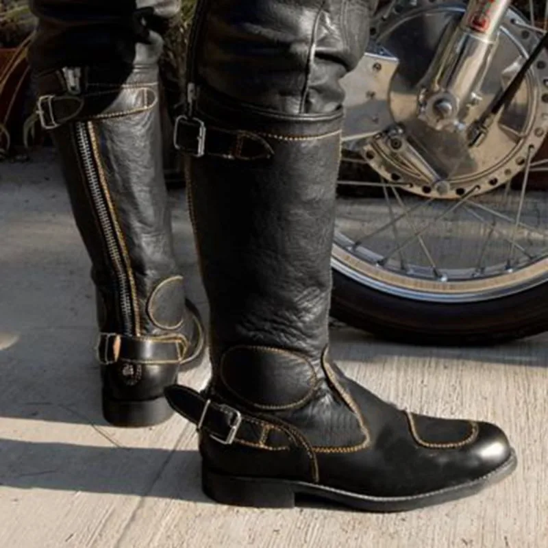 Motorcycle Boots Men Large Size Motorcycle Boots European and American High Tube Knight Boots Buckle Design Women