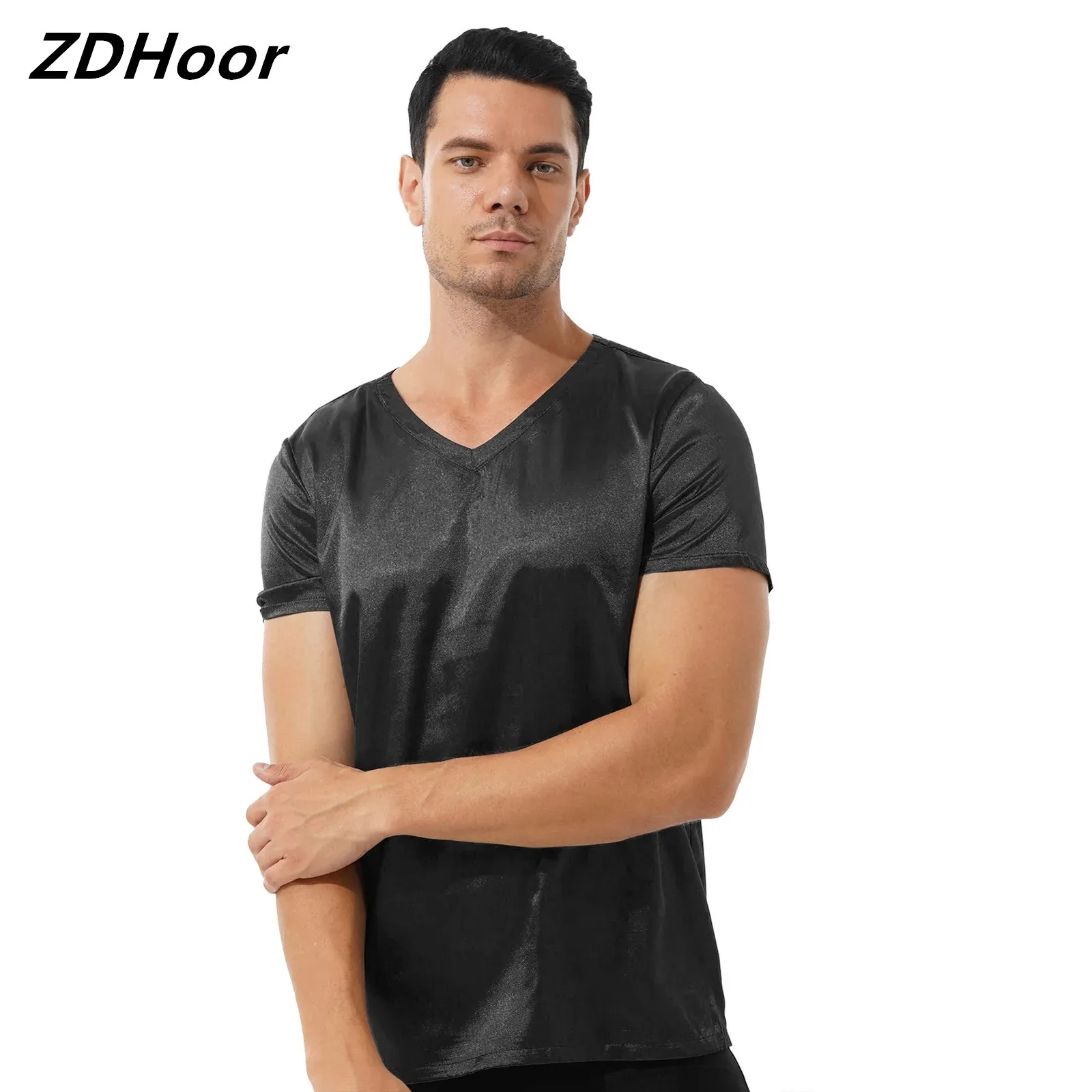 Men Sexy V Neck Sleepwear Home Wear Short Sleeves Satin T-Shirt Loose Pajamas Sleep Tops Solid Color Loungewear Nightwear men bathrobe pajamas suit sexy underwear sleep tops with briefs home wear casual loose silky hooded frenulum sleepwear kimono