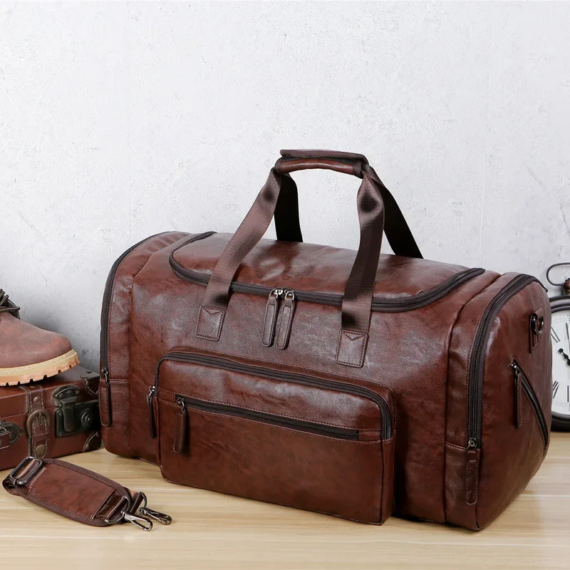 Large Men's Travel Tote Soft Leather Business Trip Holiday Handbag PU Shoulder Black Brown Bag Man Carry ON Luggage Pack Bags