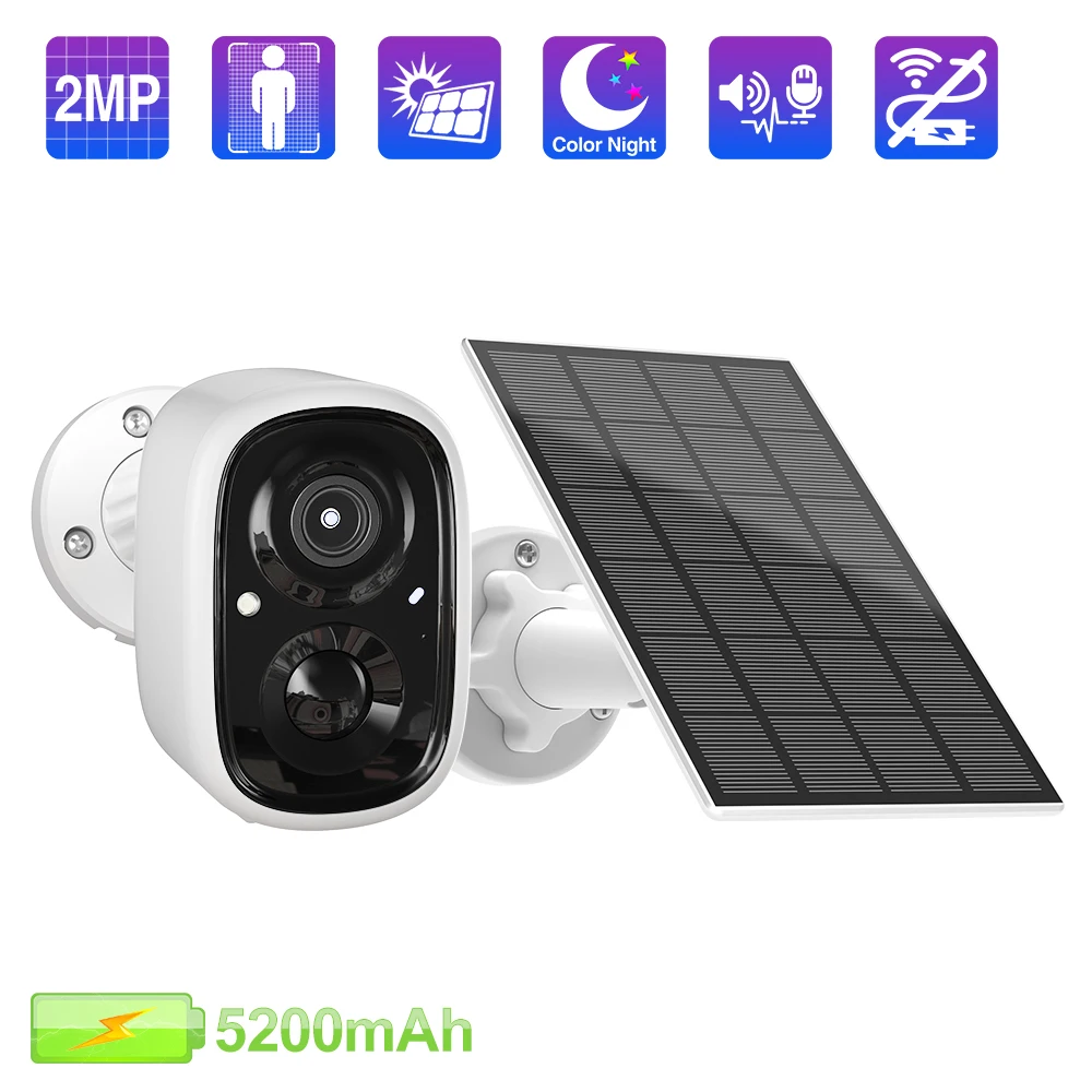 Techage 2MP Wireless Solar Panel Rechargeable Outdoor Two way Audio Built in Battery Wifi IP Camera 5200mAh Color Night Vision smart wireless battery camera voice intercom full color night vision mobile phone monitoring built in 21700 lithium batteries
