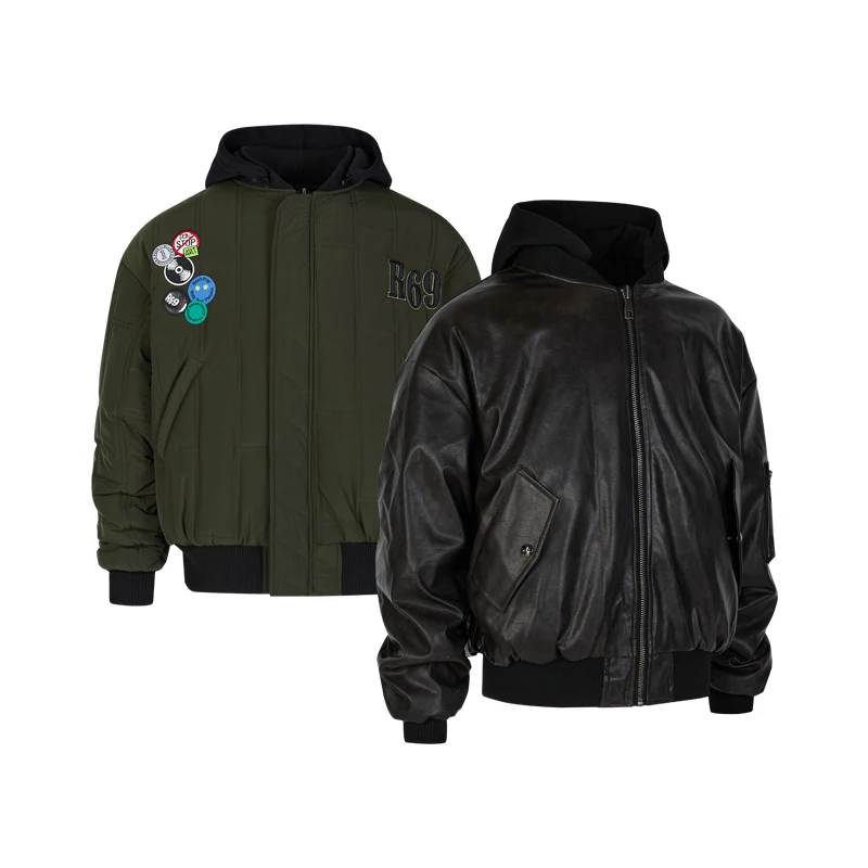 

R69 Reversible Jacket Thickened Hooded Short Bomber Army Green Cotton Suit Men