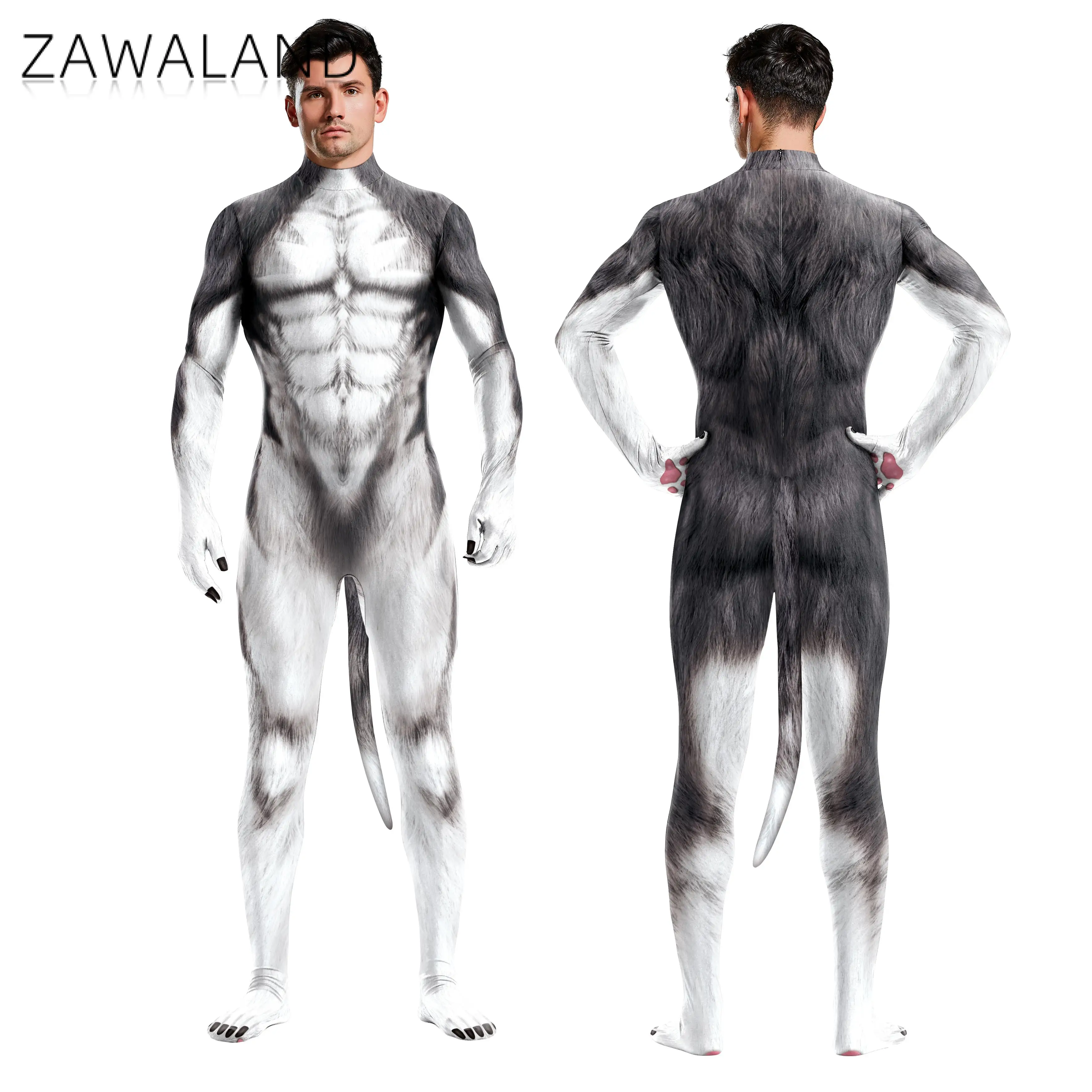 Zawaland Unisex Sexy Slim Cosplay Costume Snow Wolf Set Animal 3D Printing Zentai Jumpuit Full Bodysuit with Tail Party Playsuit cosplay costume sexy fetish wear