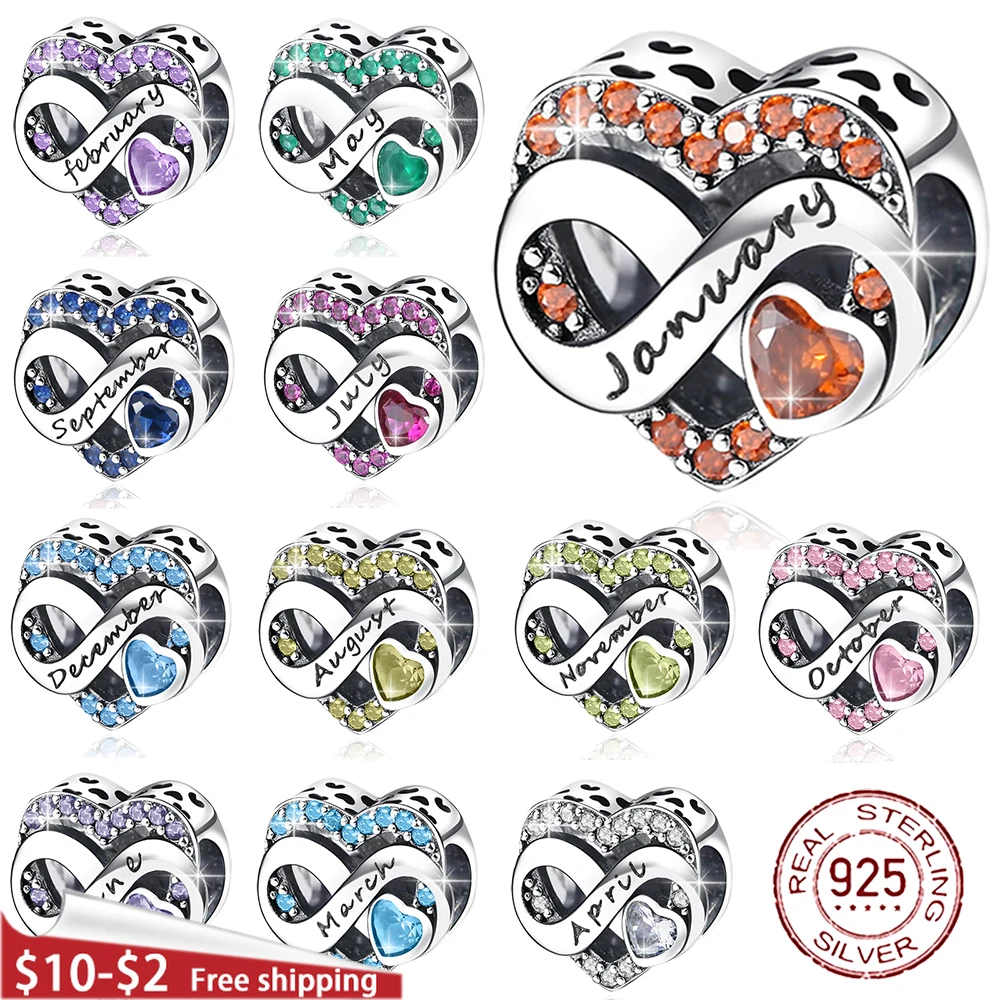 

2022 New 925 Sterling Silver Birthstone Heart New design Bead Fit Original pandora 925 Charms Bracelet Women Jewelry DIY Gift