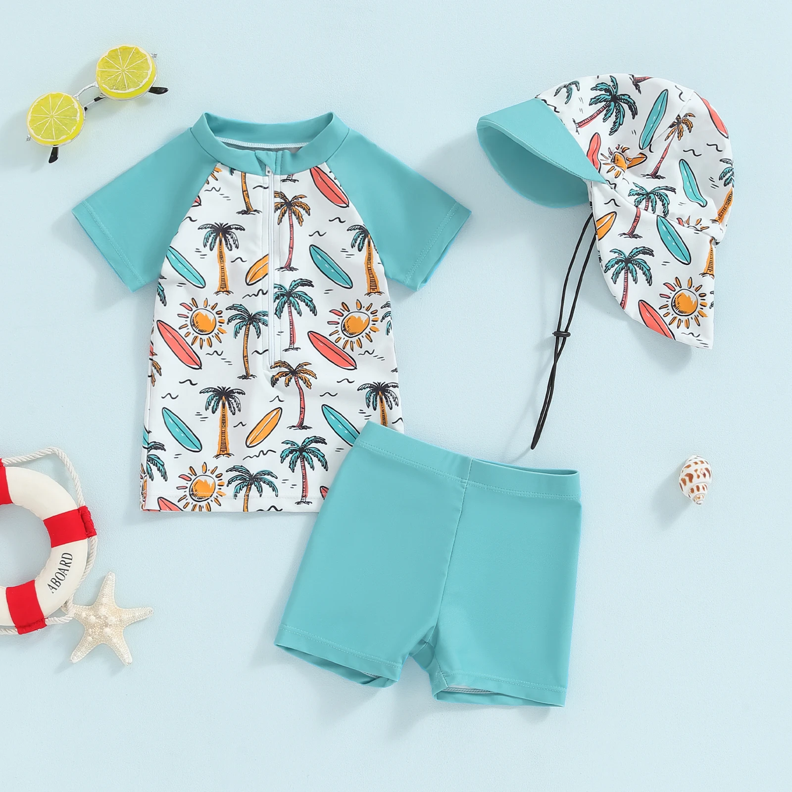Kids Swimsuit For Baby Girls Boys Rash Guard Beachwear Swimwear Dinosaur Print Short Sleeve Tops Swim Trunks Cap Bathing Suit