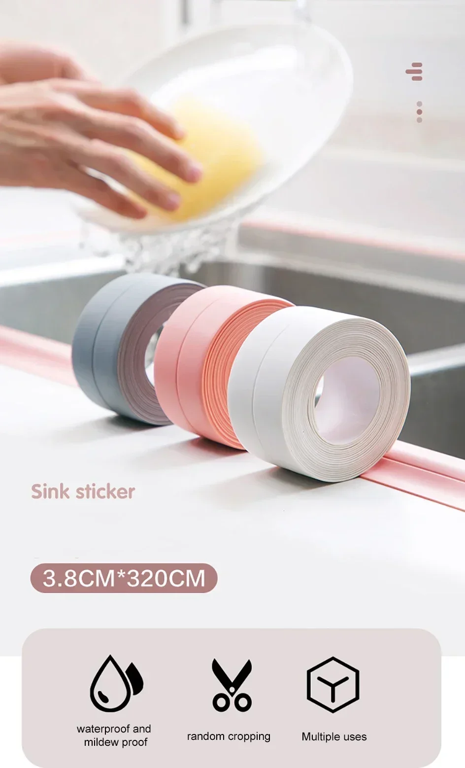 Description Picture 2 of itemHot 3.2M Self-adhesive Sealing Tape PVC Oil-Proof Kitchen Sink Edge Caulk Tape Waterproof Bathroom Toilet Corner Wall Sticker