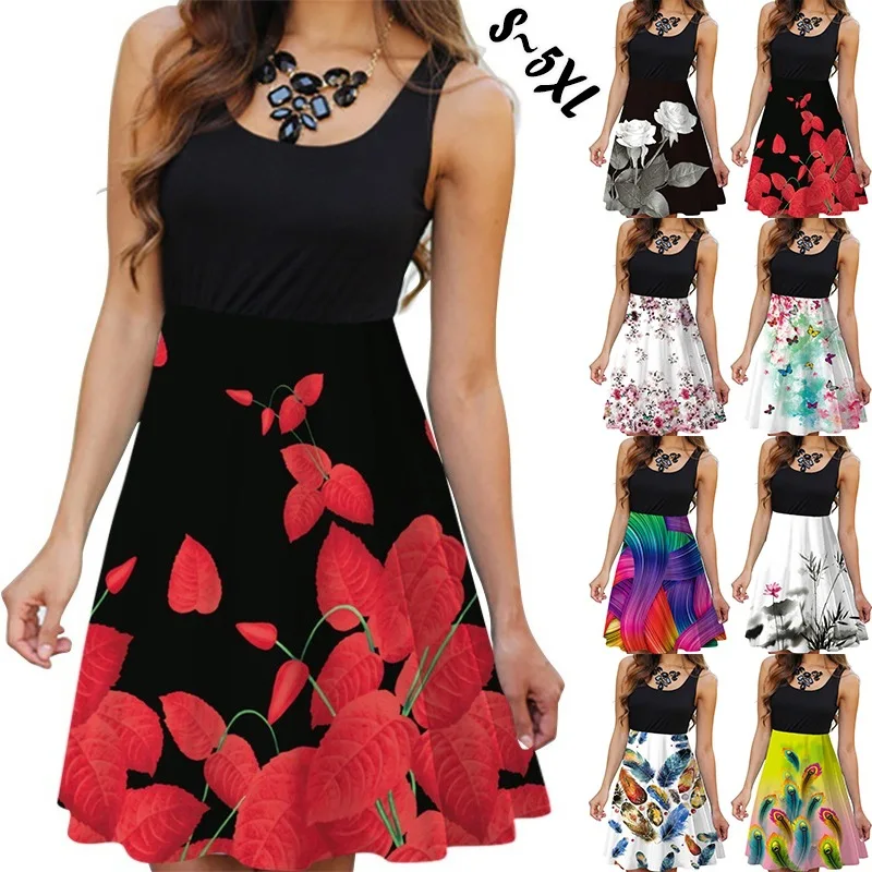 

2023 Summer Fashion Sleeveless Round Neck Ladies Digital Print Dress Women Casual Commuter Party Short Dresses Lady
