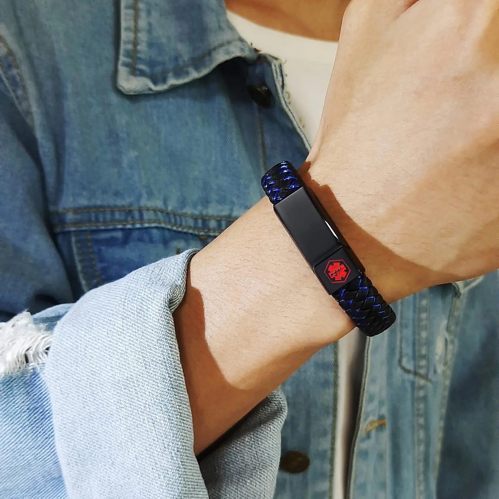 Red Medical Men's Bracelet,Black Genuine Leather ID Bracelet,Type 1/2 Diabetes Alzheimer Epilepsy Customize Bracelet