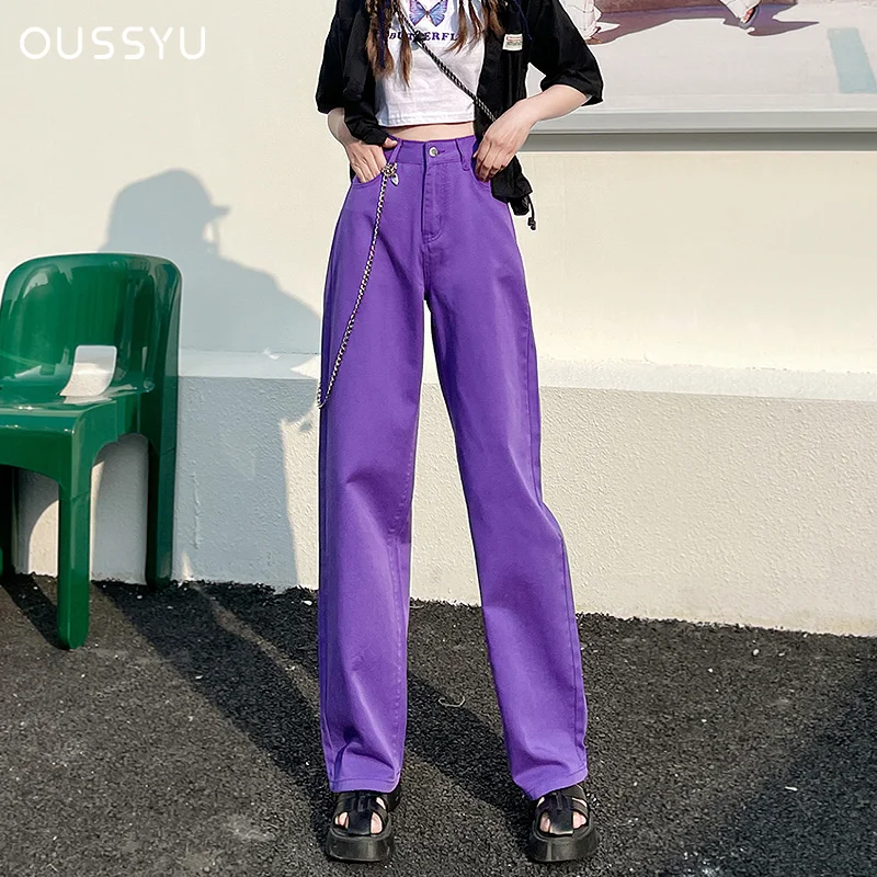 

Spring Summer Women's Jeans Baggy Straight Cotton Fashion Streetwear Purple High Waist Casual Pant Wide Leg Korean Denim Trouser