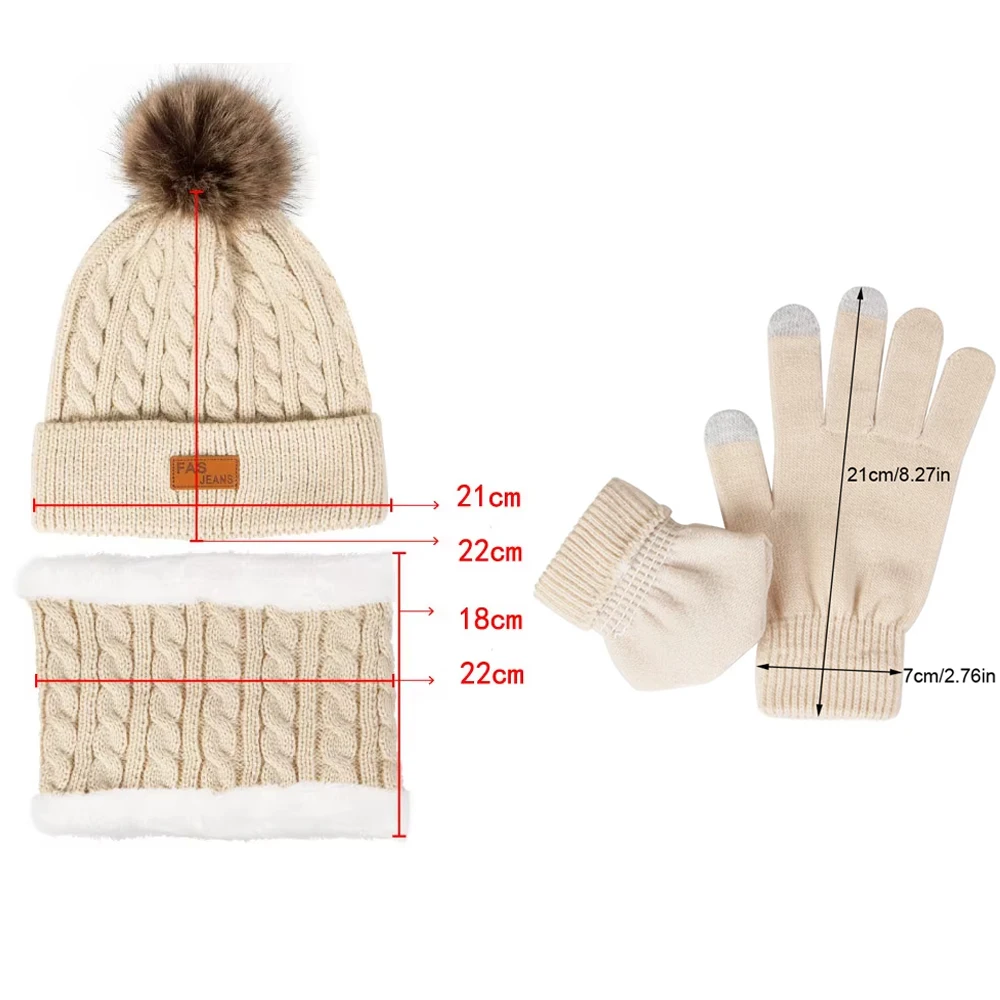 3Pcs/Set Women Winter Hat Scarf Gloves Faux Fur Ball Teenager Girls Knitted Beanie Neck Warmer Suit Warm Ears Woman Cap Set winter accessories winter hat set