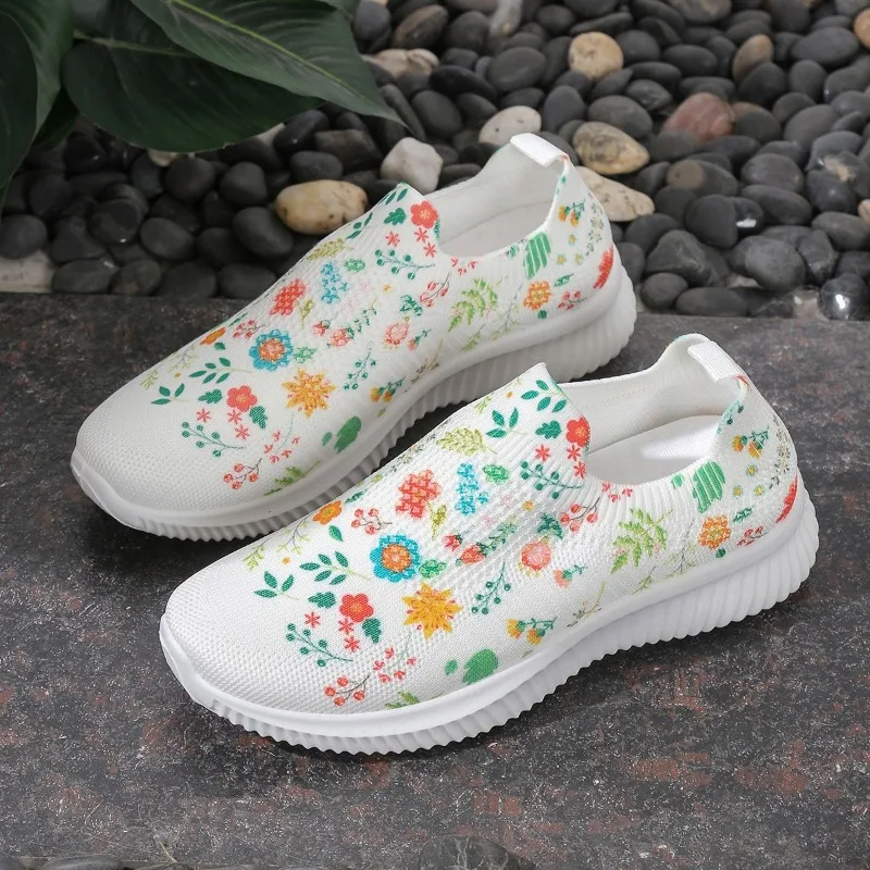 

Fashion Mesh Printed Sock Sneakers Women Rhinestone Knitted Breathable Flats Shoes Woman Comfort Non-Slip Running Walking Shoes