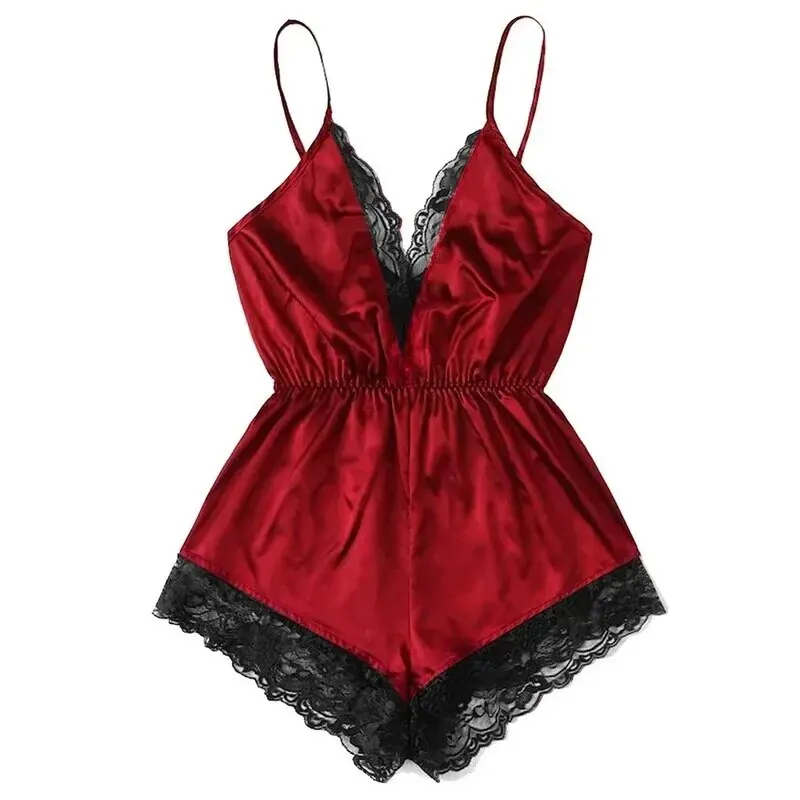 Women Suspender Pajamas Summer V-Neck Sexy Lace Patchwork Integrated Backless