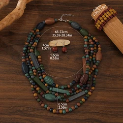 Handmade Vintage Multi - Layer Wood Beads Jewelry Set: Statement Boho Necklace, Earrings, and Bracelet (Color 2)