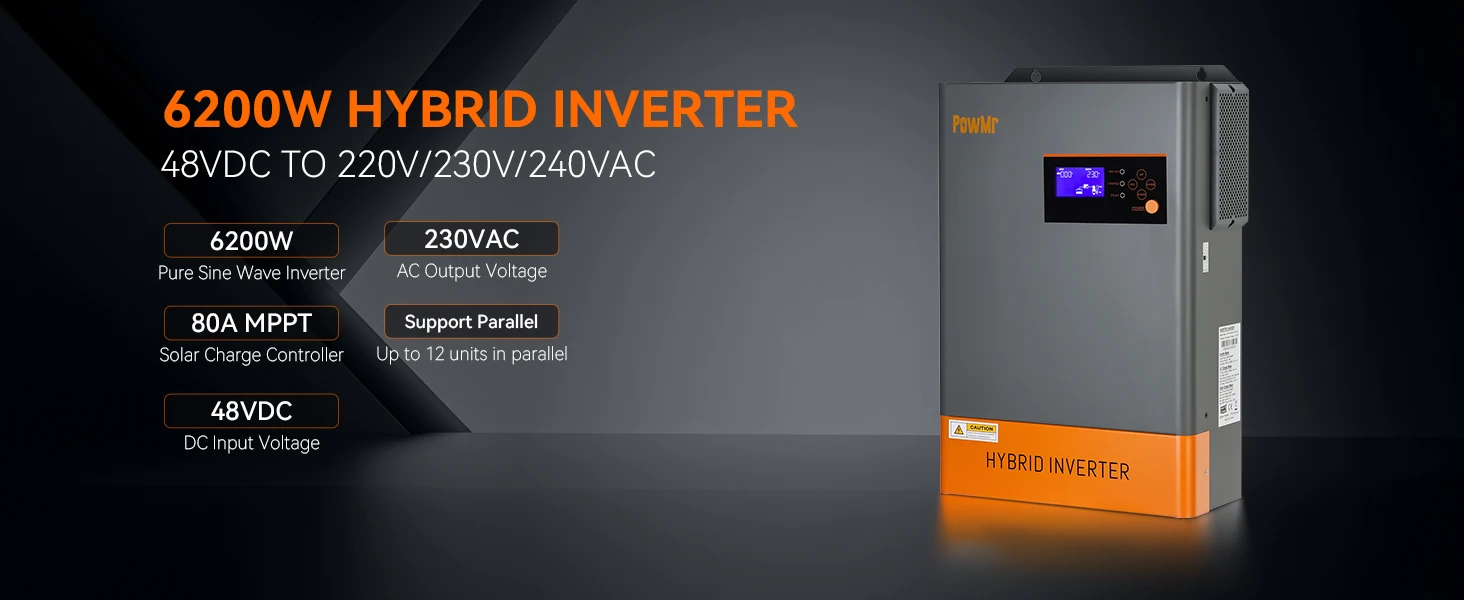 Description Picture 3 of itemPowMr Solar Hybrid Inverter 6200W with 120A MPPT Charge Controller DC 48V to 230V AC Parallel Max 12 Units Solar PV Max 6500W