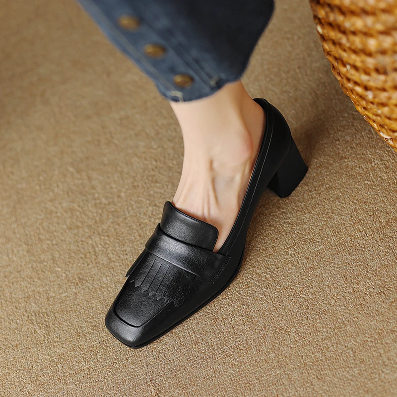 

2023 New Spring Women Shoes Split Leather Women Pumps Square Toe Chunky Heel Retro Women High Heels Tassels Shallow Shoes