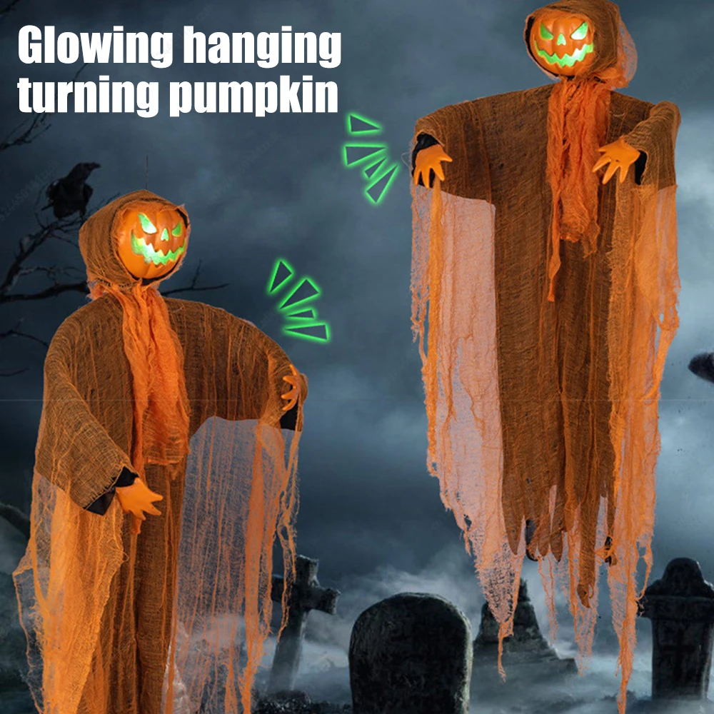 1/2PCS Halloween Pumpkin Party Decorations Head Green Light Turn Head Pumpkin Light-emitting Sound Hanging Props Yard