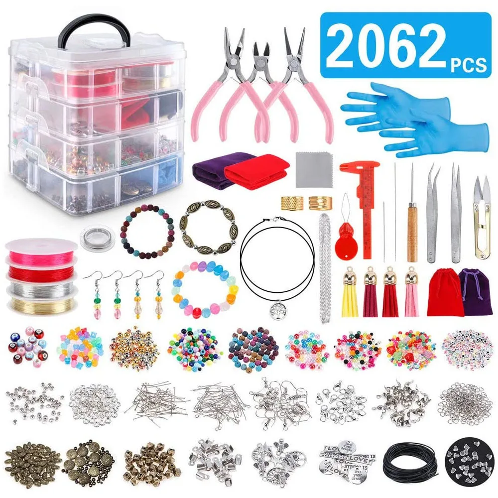 

2062pcs DIY Jewelry Tool Set Pliers Tweezers Awl Open Jump Rings with Charms and Wire Loose Spacer Beads Jewelry Making Findings