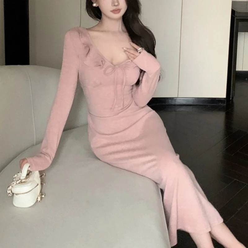 Women Dress y2k Clothes Solid Color Ruffle Tie Up V Neck Long Sleeve Bodycon Long Dresses Party Dresses Streetwear