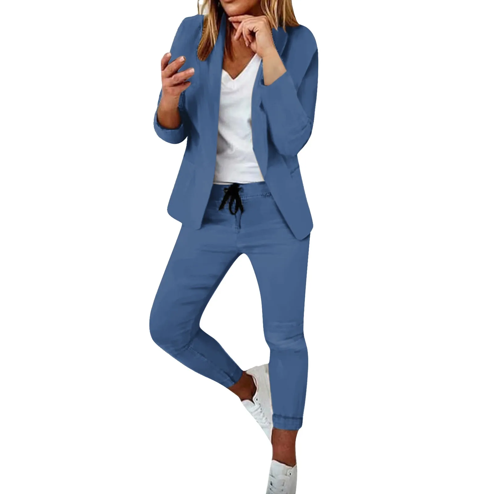 Women's Office Suit Two Piece Lapels Business Suit Set Summer Long Sleeve Draw String Jacket Pant Set Elegant Pocket Tracksuit
