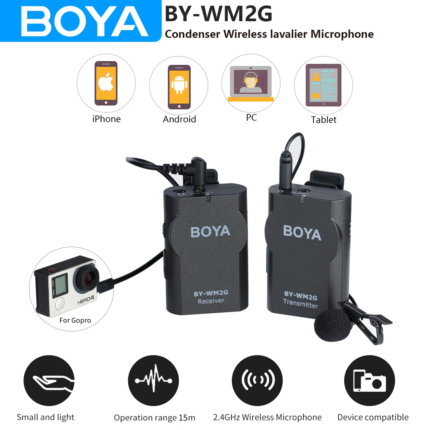 BOYA BYWM2G Wireless Lapel Microphone for iPhone Smartphone Android PC