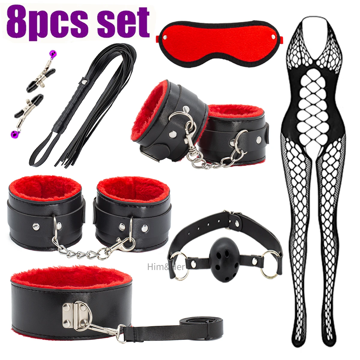 Sexy Leather 8 Kits Plush Sex Bondage Set Handcuffs Sex Games Whip Gag Nipple Clamps Sex Toys For Couples Exotic Accessories +18