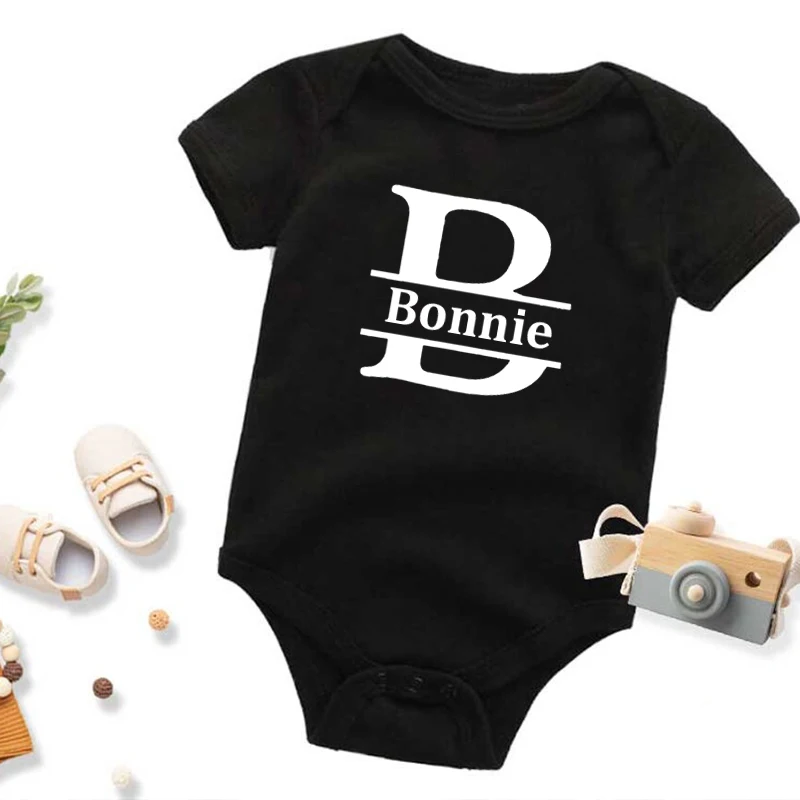 

Personalised Baby Boy Black Bodysuit New Baby Gift Baby Name Baby Onesie Jumpsuit Custom Names Newborn Clothes Cotton