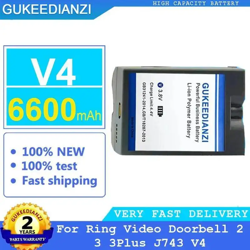 Batteria di monitoraggio del campanello di lunga durata per Ring Video 2 3 3Plus J743 V4 6600Mah