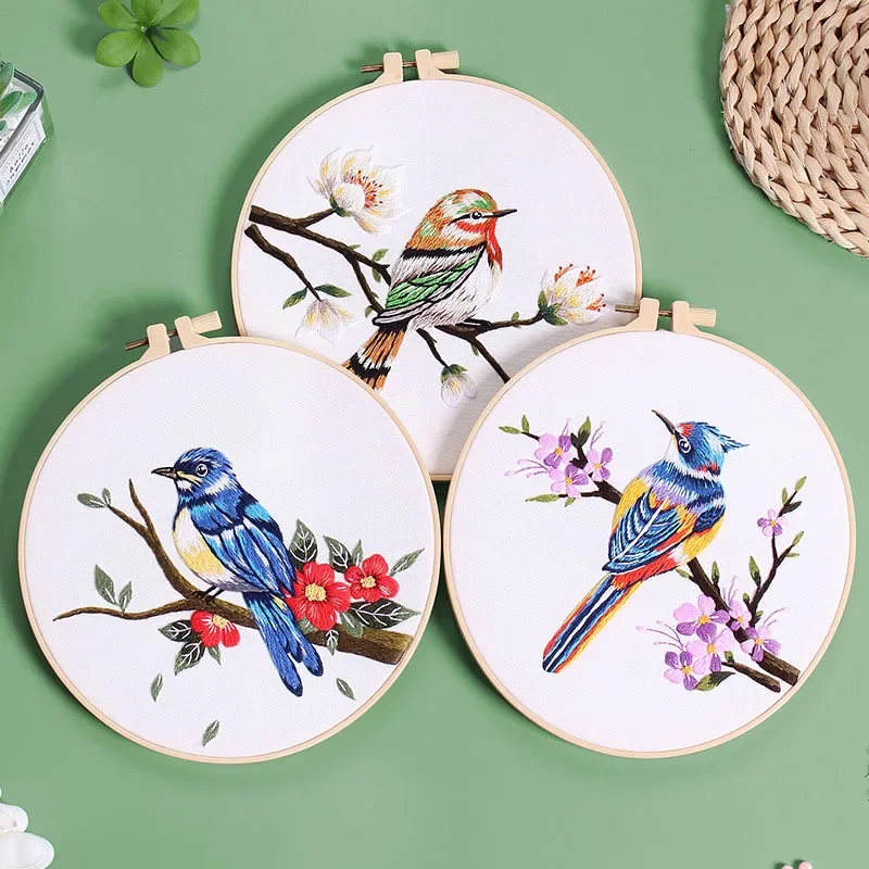 Embroidery Kits Chinese Wind Bird Flower Pattern with Instruction Needle Cloth for DIY Craft Home Decor