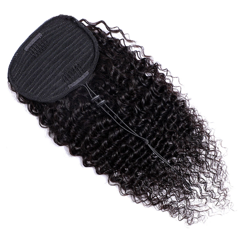 Głęboka fala sznurek włosy w koński ogon rozszerzenia 100g 8-28 cali koński ogon naturalny czarny kolor 100% brazylijski Remy ludzki włos # 1B