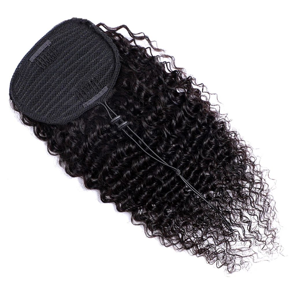Human Hair Extensions Deep Wave Drawstring Ponytail Hair Extensions 100g 8-28inches Pony tail Natural Black Color 100% Brazilian Remy Human Hair #1B