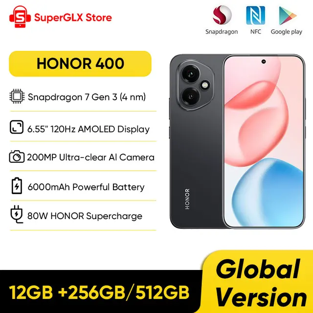 HONOR 400 Global Version 5G Smartphone 6.55" 120Hz AMOLED Display 200MP Dual Camera Snapdragon 7 Gen 3 6000mAh 80W SuperCharge