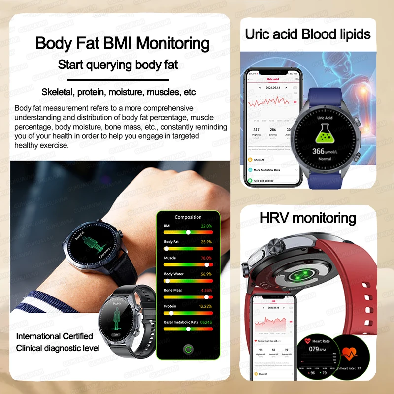 2026 New Pulse﻿ ECG+PPG Treatment Smart Watch Men Blood Lipid Uric Acid BP Body Fat Tired monitor Sports Health Call Smartwatch