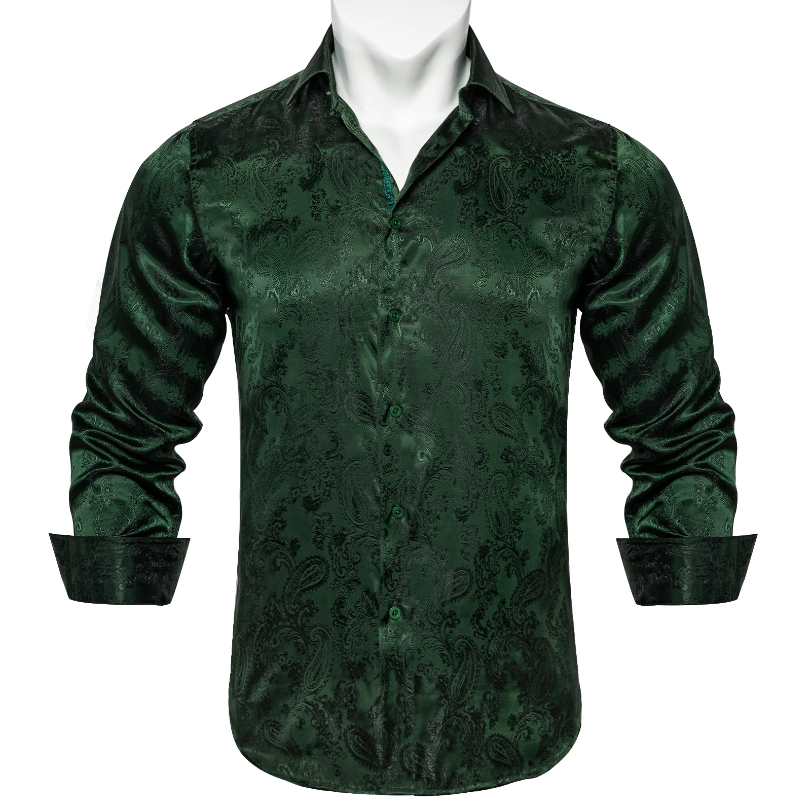 Green Paisley Solid Shirts For Men Luxury Silk Long Sleeve Slim Fit Dress Shirt Business Social Men Clothing